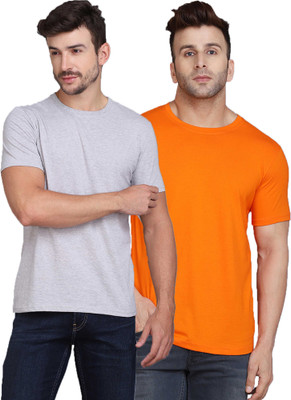 TEEFOX Solid Men Round Neck Grey, Orange T-Shirt