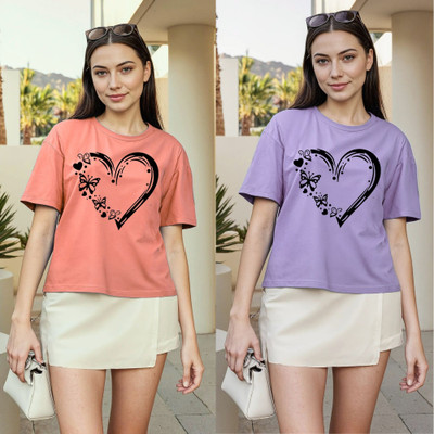 Herway Printed Women Round Neck Pink, Purple T-Shirt