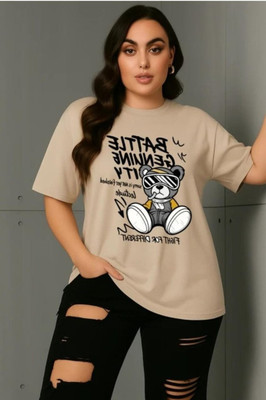 HouseOfCommon Printed Women Round Neck Beige T-Shirt