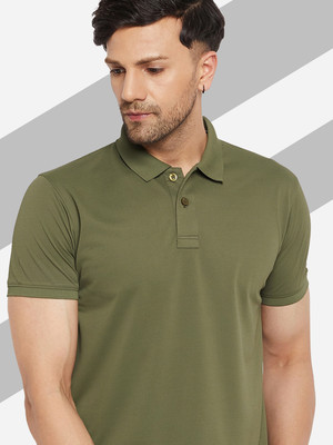 98 Degree North Solid Men Polo Neck Dark Green T-Shirt