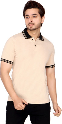 CARACAS Striped, Solid Men Polo Neck Beige T-Shirt