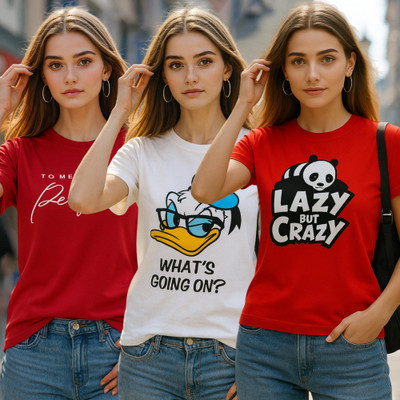 Fabflee Printed Women Round Neck Multicolor T-Shirt