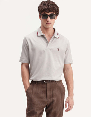 RARE RABBIT Solid Men Polo Neck Grey T-Shirt