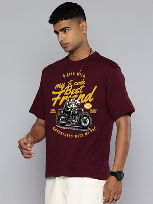 R.Code by The Roadster Life Co. Printed Men Round Neck Maroon T-Shirt