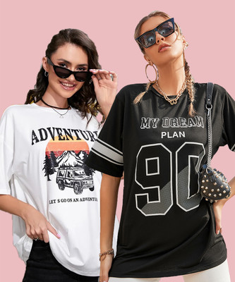 SYDNEY HILLS Solid Women Round Neck Black, White T-Shirt