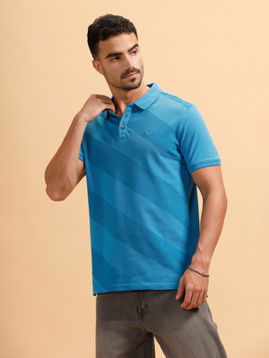 WROGN Striped Men Polo Neck Blue T-Shirt