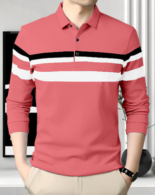 AOOSH Striped Men Polo Neck Pink, White T-Shirt
