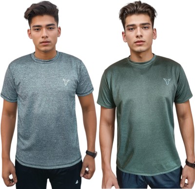 HUNTERMEN Solid Men Round Neck Grey, Green T-Shirt