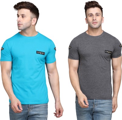 BEYOU FASHION Solid Men Round Neck Light Blue, Grey T-Shirt