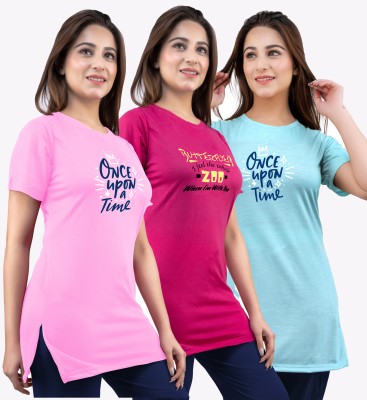 URBE Typography Women Round Neck Pink, Light Blue T-Shirt