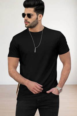 ELABOT Solid Men Round Neck Black T-Shirt