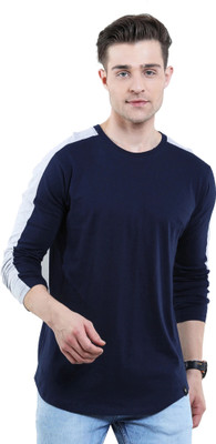 Texman Solid Men Round Neck Dark Blue, White T-Shirt