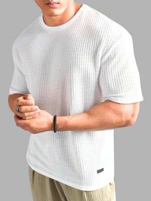 Lets Create Solid Men Round Neck White T-Shirt
