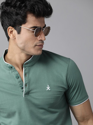 Roadster Solid Men Mandarin Collar Green T-Shirt
