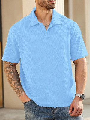 Zilcon Self Design Men Stylised Neck Light Blue T-Shirt