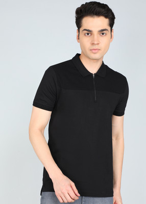 FLYING MACHINE Self Design Men Polo Neck Black T-Shirt