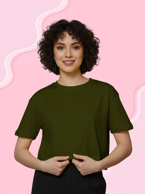 FRISKERS Solid Women Round Neck Dark Green T-Shirt