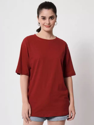KIDSWING Solid Women Round Neck Maroon T-Shirt