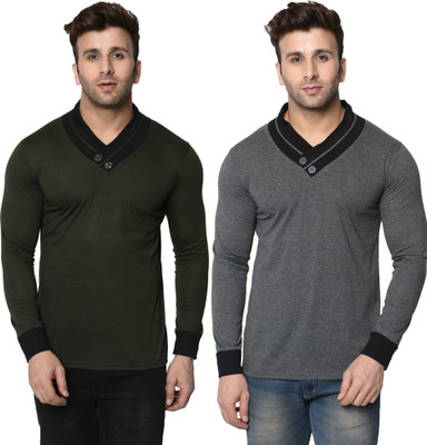 Adorbs Trend Colorblock Men Shawl Neck Dark Green, Grey T-Shirt