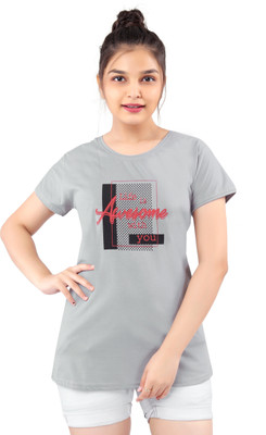 Just4You Printed Women Round Neck Grey T-Shirt