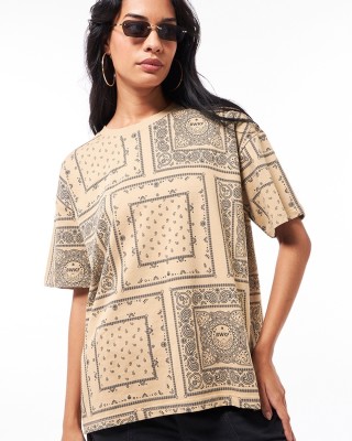 BEWAKOOF Printed Women Round Neck Brown T-Shirt