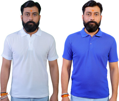 ME MOGHA ENTERPRISES Solid Men Polo Neck White, Blue T-Shirt