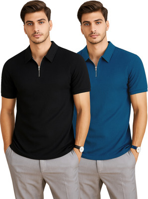 RMLKN Self Design, Solid Men Zip Neck Blue, Black T-Shirt