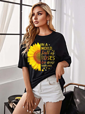 London Hills Printed, Typography Women Round Neck Black T-Shirt