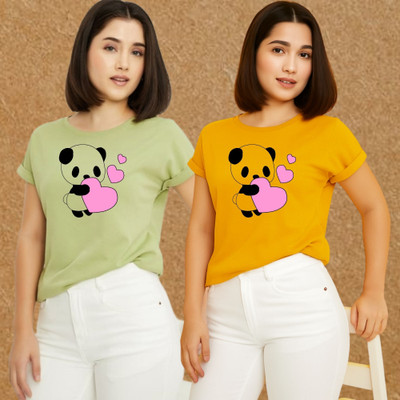 Kasendra Printed Women Round Neck Green, Yellow T-Shirt
