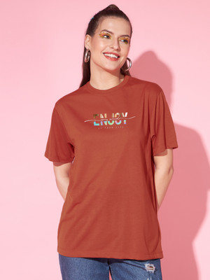 STYROX Printed, Typography Women Round Neck Reversible Orange T-Shirt