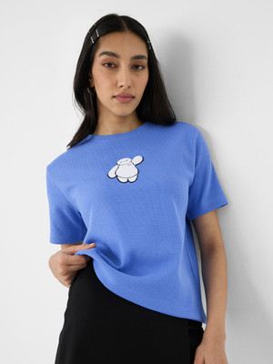 The Souled Store Embroidered Women Round Neck Blue T-Shirt