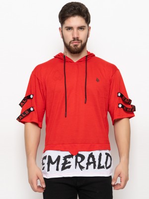 EMERALD Solid Men Hooded Neck Red T-Shirt