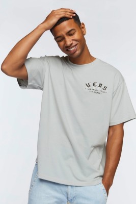 FOREVER 21 Typography Men Round Neck Grey T-Shirt