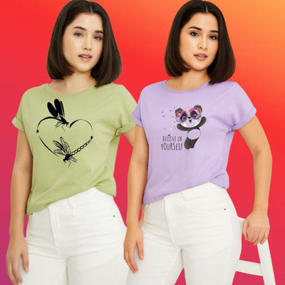 Parona Printed Women Round Neck Green, Purple T-Shirt