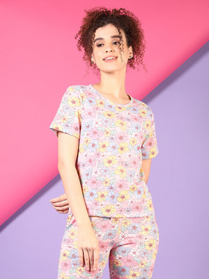 V-MART Printed Women Round Neck Multicolor T-Shirt