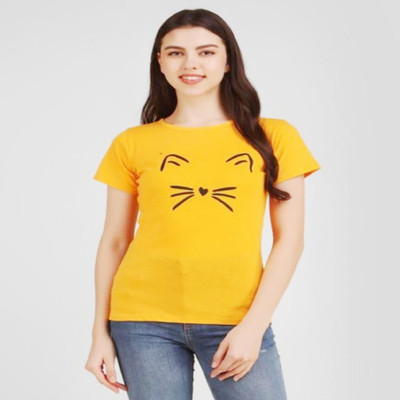 SAHAL Printed Women Round Neck Yellow T-Shirt