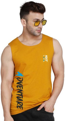SLOWLORIS Typography Men Round Neck Yellow, White T-Shirt