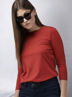 GUTI Solid Women Round Neck Red T-Shirt