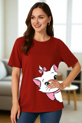 Elvia Printed Women Round Neck Maroon T-Shirt