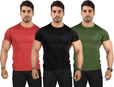 UDI n ADI Solid Men Round Neck Dark Green, Maroon, Black T-Shirt