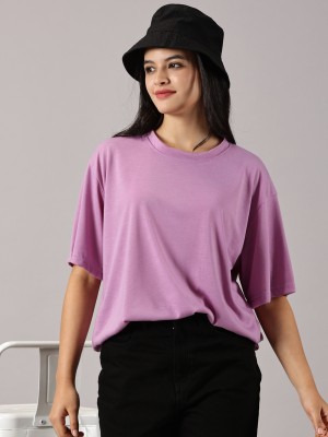 RodZen Solid Women Round Neck Purple T-Shirt