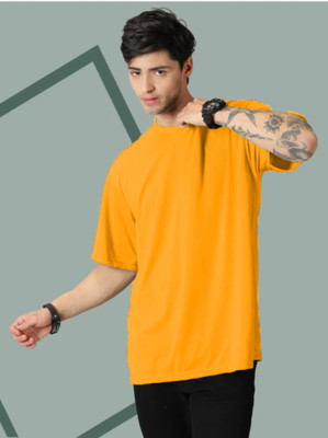 Sahuone Solid Men Round Neck Yellow T-Shirt