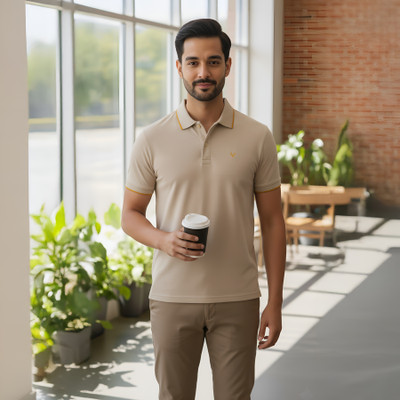 Kavod Lifestyle Solid Men Polo Neck Beige T-Shirt