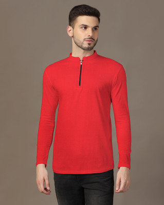 tfurnish Solid Men Mandarin Collar Red T-Shirt