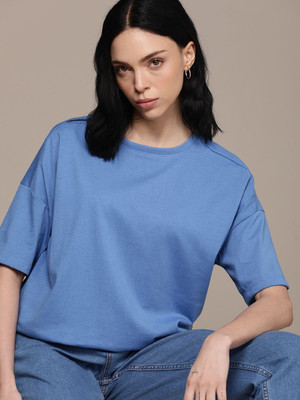 Roadster Solid Women Round Neck Blue T-Shirt