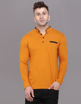 tfurnish Solid Men Mandarin Collar Gold T-Shirt