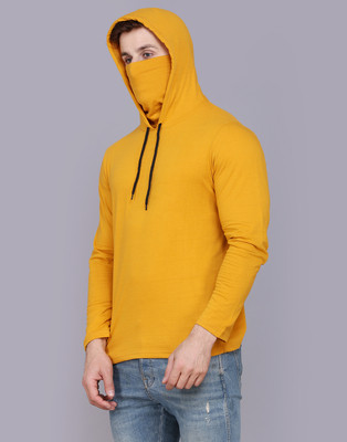 SLOWLORIS Solid Men Hooded Neck Yellow T-Shirt