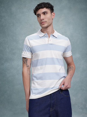 Roadster Striped Men Polo Neck White T-Shirt