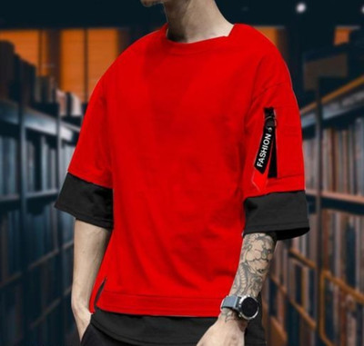 HIGHLANCETSHIRT Colorblock Men Round Neck Red T-Shirt