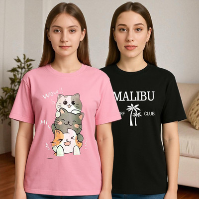 Elvia Printed Women Round Neck Pink, Black T-Shirt